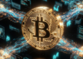 Una moneda de Bitcoin junto a la red procesando bloques.