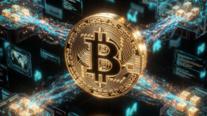Una moneda de Bitcoin junto a la red procesando bloques.