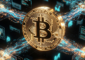 Una moneda de Bitcoin junto a la red procesando bloques.