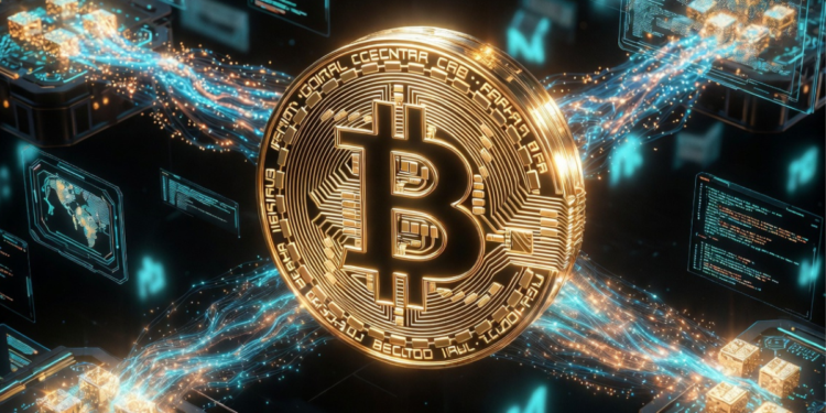Una moneda de Bitcoin junto a la red procesando bloques.