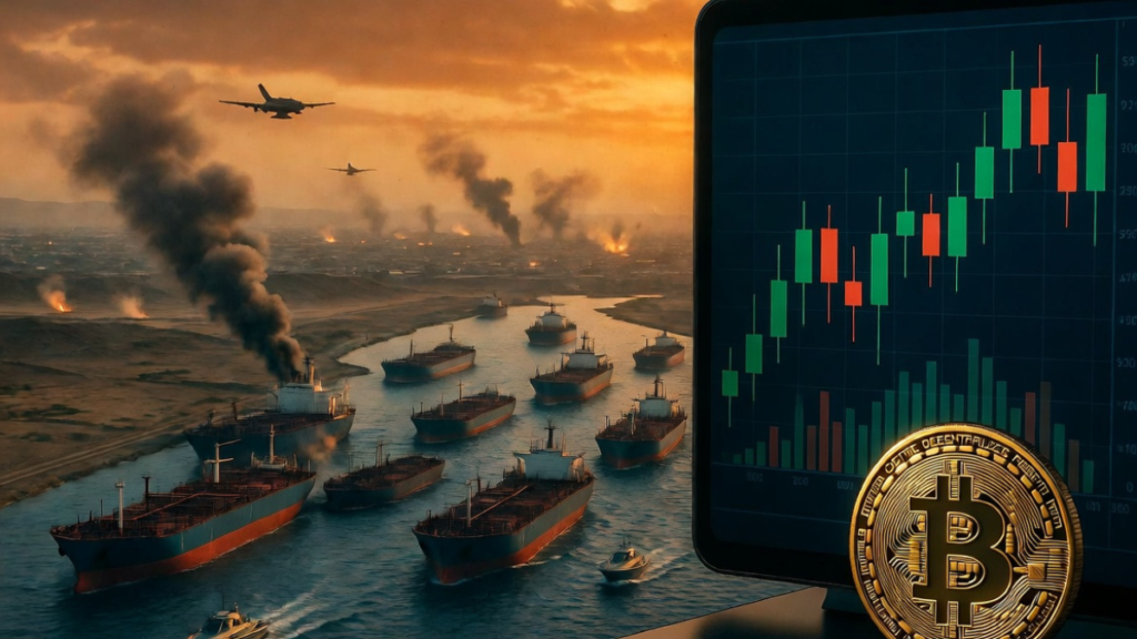 Barcos navegando por el estrecho de Ormuz, junto a una pantalla con el gráfico del precio de Bitcoin.