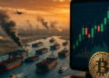 Barcos navegando por el estrecho de Ormuz, junto a una pantalla con el gráfico del precio de Bitcoin.