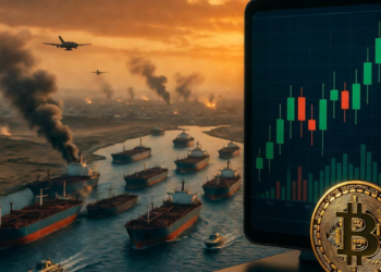 Barcos navegando por el estrecho de Ormuz, junto a una pantalla con el gráfico del precio de Bitcoin.