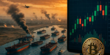 Barcos navegando por el estrecho de Ormuz, junto a una pantalla con el gráfico del precio de Bitcoin.