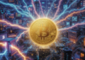 Una moneda de Bitcoin rodeada de computadoras que funcionana como nodos de la red.