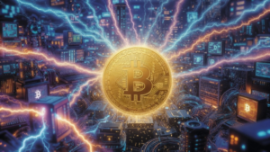 Una moneda de Bitcoin rodeada de computadoras que funcionana como nodos de la red.
