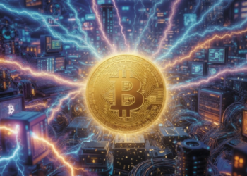 Una moneda de Bitcoin rodeada de computadoras que funcionana como nodos de la red.
