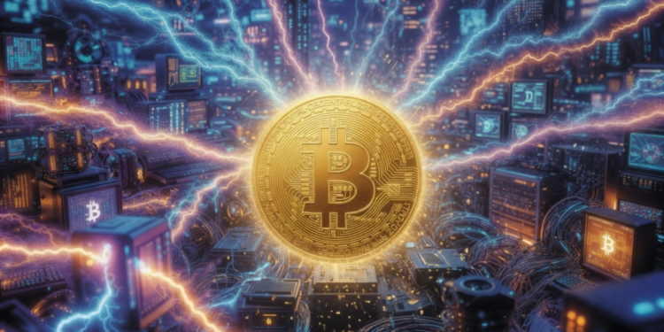 Una moneda de Bitcoin rodeada de computadoras que funcionana como nodos de la red.