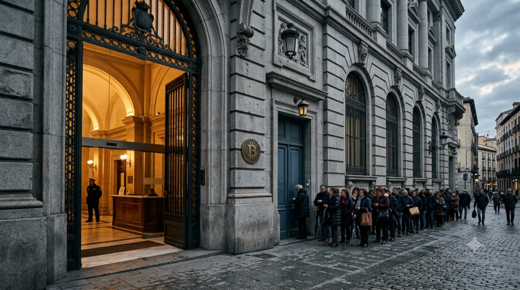 Una fachada institucional de piedra, sobria, de banco europeo clásico, con dos puertas contiguas: una ancha, monumental, abierta de par en par, con luz cálida saliendo de ella; al lado, una puerta angosta, baja, con una larga fila difusa esperando frente a ella. Sin texto. Paleta institucional fría —grises piedra, azul europeo apagado, dorado tenue en la luz de la puerta ancha—. Iluminación de media tarde, sombras largas. Composición horizontal 16:9, la puerta ancha desplazada a un tercio, espacio negativo arriba. Estética editorial, fotográfica, seria, sin caricatura.