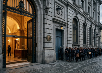 Una fachada institucional de piedra, sobria, de banco europeo clásico, con dos puertas contiguas: una ancha, monumental, abierta de par en par, con luz cálida saliendo de ella; al lado, una puerta angosta, baja, con una larga fila difusa esperando frente a ella. Sin texto. Paleta institucional fría —grises piedra, azul europeo apagado, dorado tenue en la luz de la puerta ancha—. Iluminación de media tarde, sombras largas. Composición horizontal 16:9, la puerta ancha desplazada a un tercio, espacio negativo arriba. Estética editorial, fotográfica, seria, sin caricatura.