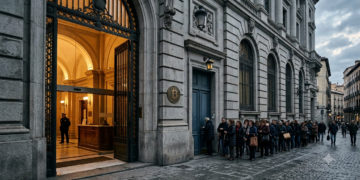 Una fachada institucional de piedra, sobria, de banco europeo clásico, con dos puertas contiguas: una ancha, monumental, abierta de par en par, con luz cálida saliendo de ella; al lado, una puerta angosta, baja, con una larga fila difusa esperando frente a ella. Sin texto. Paleta institucional fría —grises piedra, azul europeo apagado, dorado tenue en la luz de la puerta ancha—. Iluminación de media tarde, sombras largas. Composición horizontal 16:9, la puerta ancha desplazada a un tercio, espacio negativo arriba. Estética editorial, fotográfica, seria, sin caricatura.