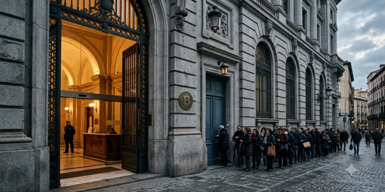 Una fachada institucional de piedra, sobria, de banco europeo clásico, con dos puertas contiguas: una ancha, monumental, abierta de par en par, con luz cálida saliendo de ella; al lado, una puerta angosta, baja, con una larga fila difusa esperando frente a ella. Sin texto. Paleta institucional fría —grises piedra, azul europeo apagado, dorado tenue en la luz de la puerta ancha—. Iluminación de media tarde, sombras largas. Composición horizontal 16:9, la puerta ancha desplazada a un tercio, espacio negativo arriba. Estética editorial, fotográfica, seria, sin caricatura.