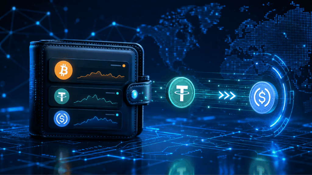 Una billetera digital con balances en bitcoin y stablecoins como USDT y USDC.