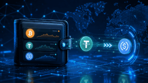 Una billetera digital con balances en bitcoin y stablecoins como USDT y USDC.