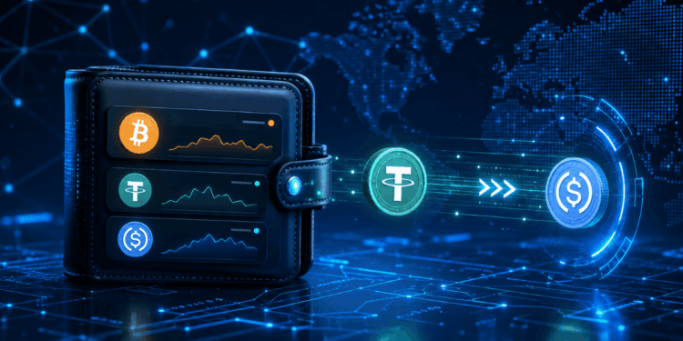 Una billetera digital con balances en bitcoin y stablecoins como USDT y USDC.