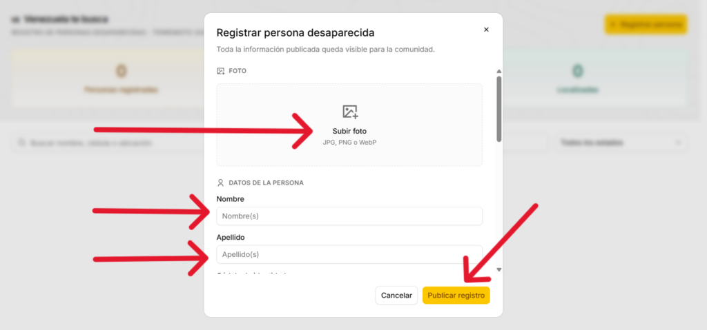 Formulario de la web Venezuelatebusca.