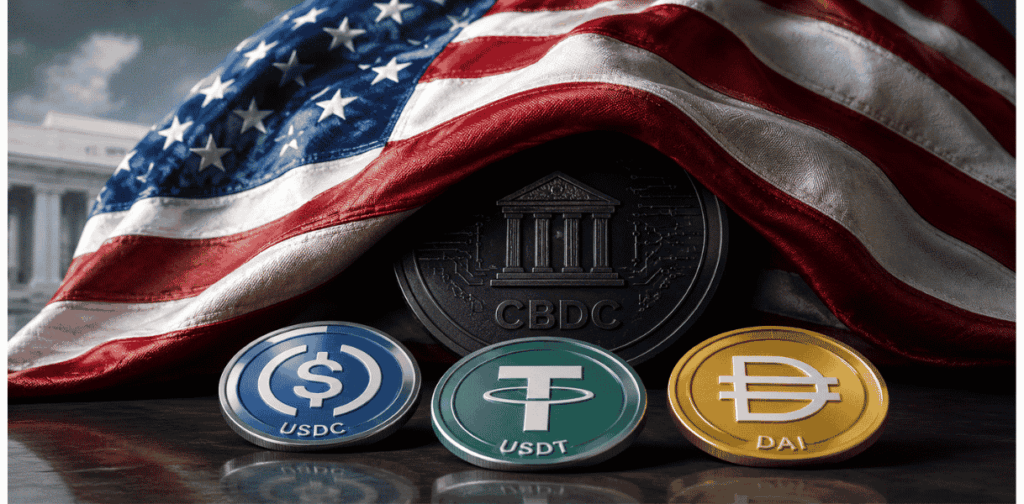 Bandera de Estados Unidos cubriendo la CBDC para darle paso a las stablecoins.
