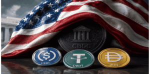 Bandera de Estados Unidos cubriendo la CBDC para darle paso a las stablecoins.