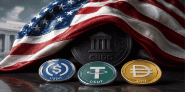 Bandera de Estados Unidos cubriendo la CBDC para darle paso a las stablecoins.