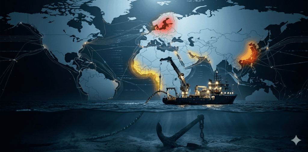 Una infografía digital de estilo fotorrealista y tono dramático sobre un fondo azul oscuro. En la parte superior, un mapa mundial muestra los océanos cruzados por líneas finas y brillantes que representan los cables de fibra óptica submarinos. Tres regiones críticas están resaltadas con un resplandor de calor: el Mar Báltico en rojo, la costa oeste de África en amarillo y el Estrecho de Taiwán en naranja. En la mitad inferior, la imagen muestra una vista dividida sobre y bajo el agua.