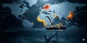 Una infografía digital de estilo fotorrealista y tono dramático sobre un fondo azul oscuro. En la parte superior, un mapa mundial muestra los océanos cruzados por líneas finas y brillantes que representan los cables de fibra óptica submarinos. Tres regiones críticas están resaltadas con un resplandor de calor: el Mar Báltico en rojo, la costa oeste de África en amarillo y el Estrecho de Taiwán en naranja. En la mitad inferior, la imagen muestra una vista dividida sobre y bajo el agua.