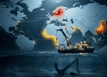 Una infografía digital de estilo fotorrealista y tono dramático sobre un fondo azul oscuro. En la parte superior, un mapa mundial muestra los océanos cruzados por líneas finas y brillantes que representan los cables de fibra óptica submarinos. Tres regiones críticas están resaltadas con un resplandor de calor: el Mar Báltico en rojo, la costa oeste de África en amarillo y el Estrecho de Taiwán en naranja. En la mitad inferior, la imagen muestra una vista dividida sobre y bajo el agua.