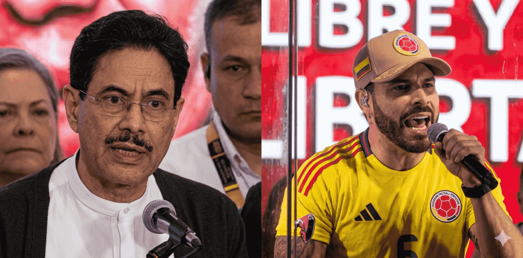 Imagen dividida en dos paneles que muestra en alta definición a los dos candidatos presidenciales de Colombia en la campaña de 2026. En el panel izquierdo, se observa un primer plano del candidato progresista Iván Cepeda Castro hablando con seriedad frente a un micrófono, vistiendo gafas, bigote, una camisa blanca de cuello mao y una chaqueta oscura. En el panel derecho, se muestra en primer plano al candidato conservador Abelardo de la Espriella en un mitin político, con la boca abierta en expresión enérgica mientras sostiene un micrófono.