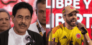 Imagen dividida en dos paneles que muestra en alta definición a los dos candidatos presidenciales de Colombia en la campaña de 2026. En el panel izquierdo, se observa un primer plano del candidato progresista Iván Cepeda Castro hablando con seriedad frente a un micrófono, vistiendo gafas, bigote, una camisa blanca de cuello mao y una chaqueta oscura. En el panel derecho, se muestra en primer plano al candidato conservador Abelardo de la Espriella en un mitin político, con la boca abierta en expresión enérgica mientras sostiene un micrófono.
