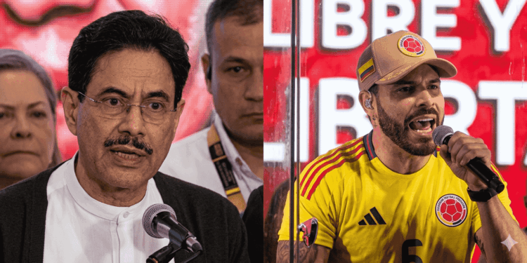 Imagen dividida en dos paneles que muestra en alta definición a los dos candidatos presidenciales de Colombia en la campaña de 2026. En el panel izquierdo, se observa un primer plano del candidato progresista Iván Cepeda Castro hablando con seriedad frente a un micrófono, vistiendo gafas, bigote, una camisa blanca de cuello mao y una chaqueta oscura. En el panel derecho, se muestra en primer plano al candidato conservador Abelardo de la Espriella en un mitin político, con la boca abierta en expresión enérgica mientras sostiene un micrófono.