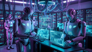 Robots de IA operando en un centro de computación.