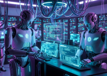 Robots de IA operando en un centro de computación.