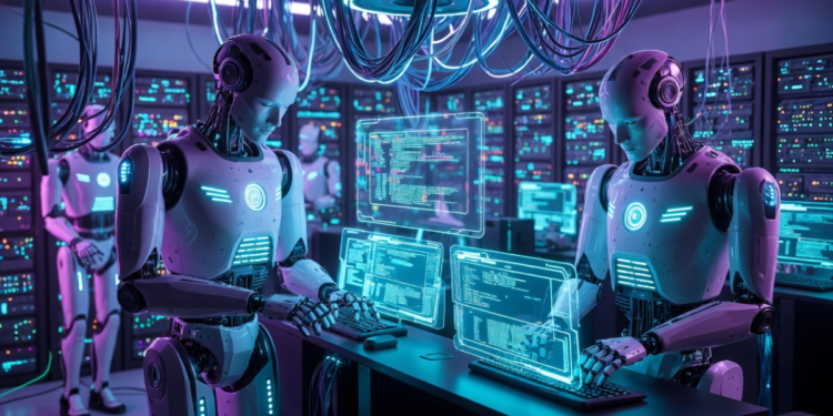 Robots de IA operando en un centro de computación.