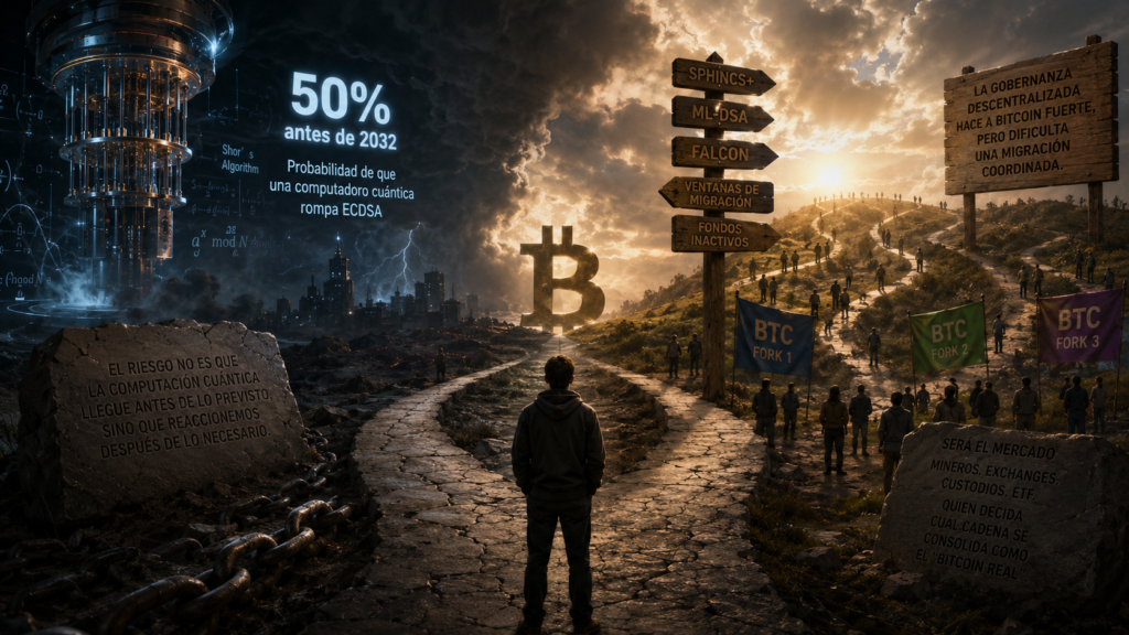 Ilustración conceptual de Bitcoin frente a la amenaza cuántica: un camino dividido simboliza bifurcaciones de la red, mientras una computadora cuántica se cierne sobre el ecosistema; refleja el riesgo de romper ECDSA, los desafíos de gobernanza descentralizada y la incertidumbre sobre la migración a criptografía poscuántica.