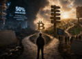 Ilustración conceptual de Bitcoin frente a la amenaza cuántica: un camino dividido simboliza bifurcaciones de la red, mientras una computadora cuántica se cierne sobre el ecosistema; refleja el riesgo de romper ECDSA, los desafíos de gobernanza descentralizada y la incertidumbre sobre la migración a criptografía poscuántica.