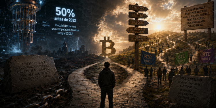 Ilustración conceptual de Bitcoin frente a la amenaza cuántica: un camino dividido simboliza bifurcaciones de la red, mientras una computadora cuántica se cierne sobre el ecosistema; refleja el riesgo de romper ECDSA, los desafíos de gobernanza descentralizada y la incertidumbre sobre la migración a criptografía poscuántica.