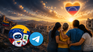 imagen creada con IA tres personas viendo un paisaje derrubado, la bandera de Venezuela y el logo de Telegram