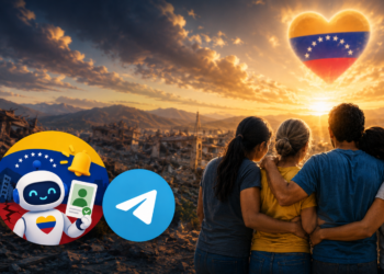 imagen creada con IA tres personas viendo un paisaje derrubado, la bandera de Venezuela y el logo de Telegram