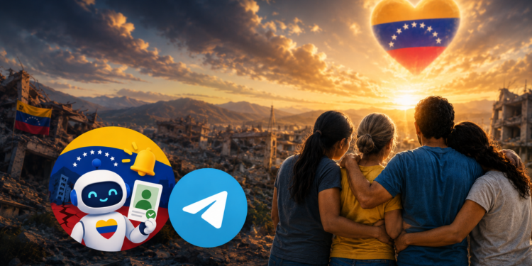 imagen creada con IA tres personas viendo un paisaje derrubado, la bandera de Venezuela y el logo de Telegram