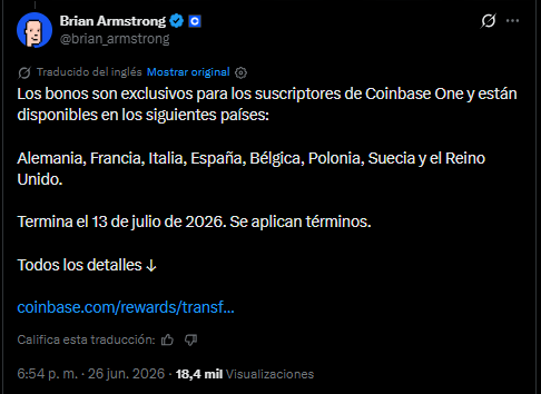 Captura de pantalla de una publicación en la red social X (antes Twitter) de Brian Armstrong (brian_armstrong). El texto indica que los bonos son exclusivos para suscriptores de Coinbase One en Alemania, Francia, Italia, España, Bélgica, Polonia, Suecia y el Reino Unido.