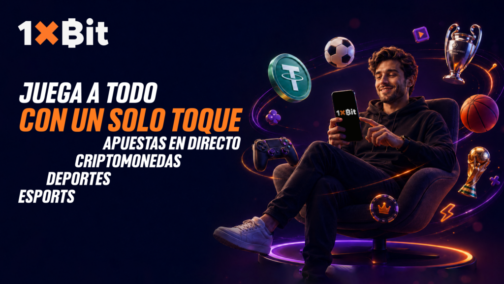 Persona interacturando con su celular con la frase "juega a todo con un solo toque" en 1xBit