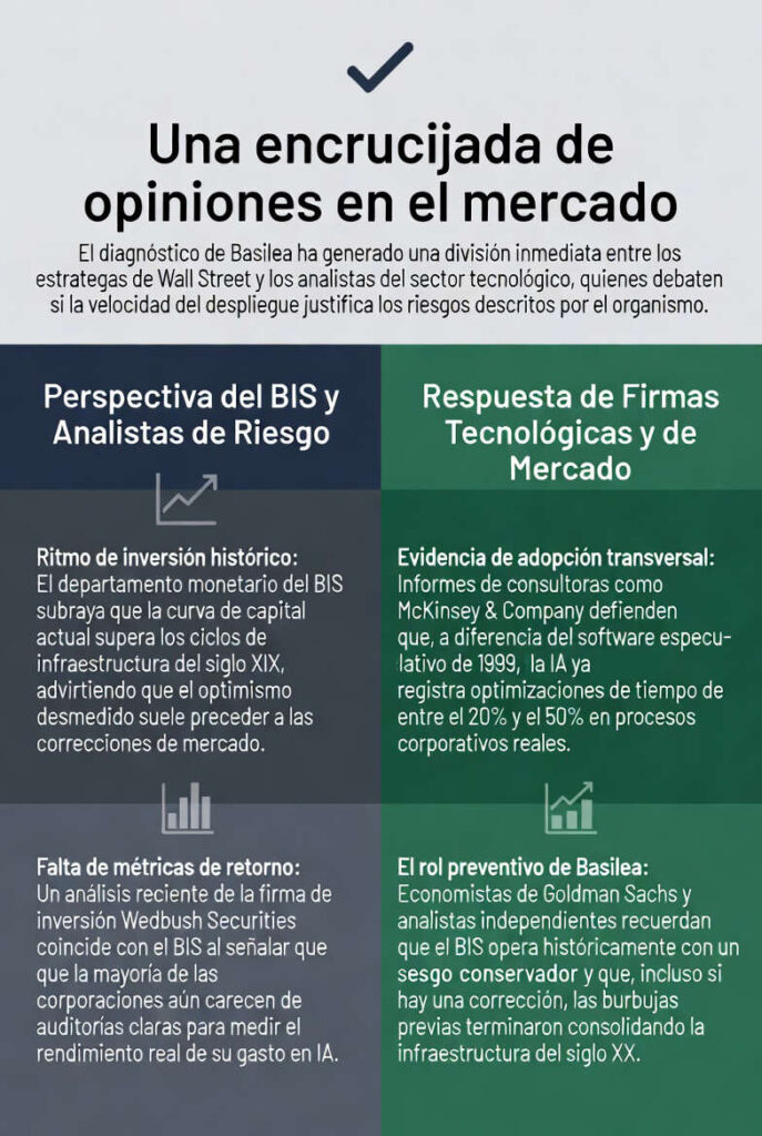 Una infografía en español estructurada como una tabla comparativa con el título "Una encrucijada de opiniones en el mercado" y un icono de balanza. El subtítulo explica que el diagnóstico de Basilea ha generado una división sobre si la velocidad del despliegue de la IA justifica los riesgos.