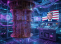 Un laboratorio con una computadora cuántica y una pantalla con la cara de Donald Trump y la bandera de EE. UU.