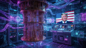 Un laboratorio con una computadora cuántica y una pantalla con la cara de Donald Trump y la bandera de EE. UU.