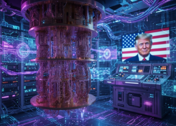 Un laboratorio con una computadora cuántica y una pantalla con la cara de Donald Trump y la bandera de EE. UU.