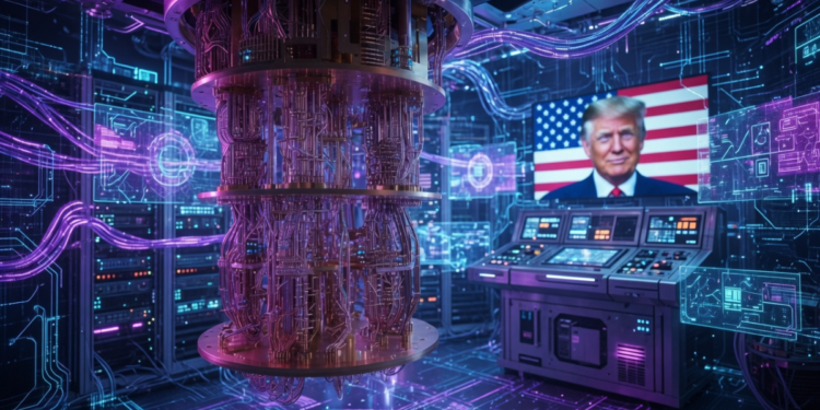 Un laboratorio con una computadora cuántica y una pantalla con la cara de Donald Trump y la bandera de EE. UU.