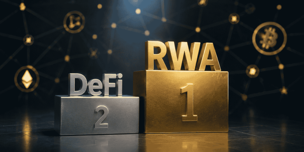 Un podio donde los RWA aparecen de primer lugar y DeFi de segundo lugar.