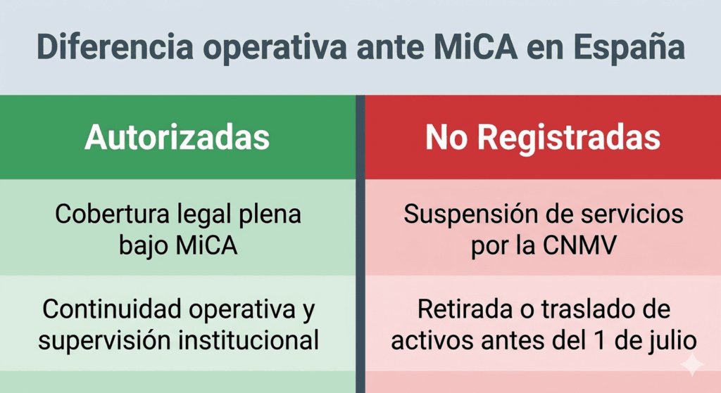 Infografía comparativa titulada "Diferencia operativa ante MiCA en España". Muestra dos filas. Primera fila, en verde: "Entidades Autorizadas" — "Cobertura legal plena bajo MiCA" — "Continuidad operativa y supervisión institucional". Segunda fila, en rojo: "Entidades No Registradas" — "Suspensión de servicios por la CNMV" — "Retirada o traslado de activos antes del 1 de julio". Tabla de tres columnas: Estado Regulatorio, Consecuencia Legal y Alternativa del Usuario.