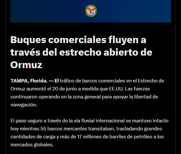 Reporte de la agencia gubernamental CENTCOM de Estados Unidos sobre el estrecho de Ormuz.