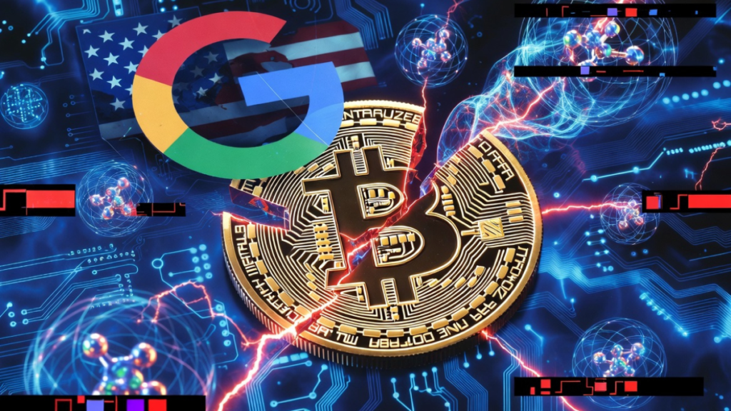 Una moneda de Bitcoin rota, junto al logo de Google y la bandera de EE. UU.