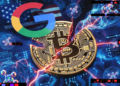Una moneda de Bitcoin rota, junto al logo de Google y la bandera de EE. UU.